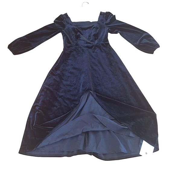 NWT Chic Square Neck Plain Black Velvet Midi Dress A-Line Japanese Brand Lined - Picture 8 of 16